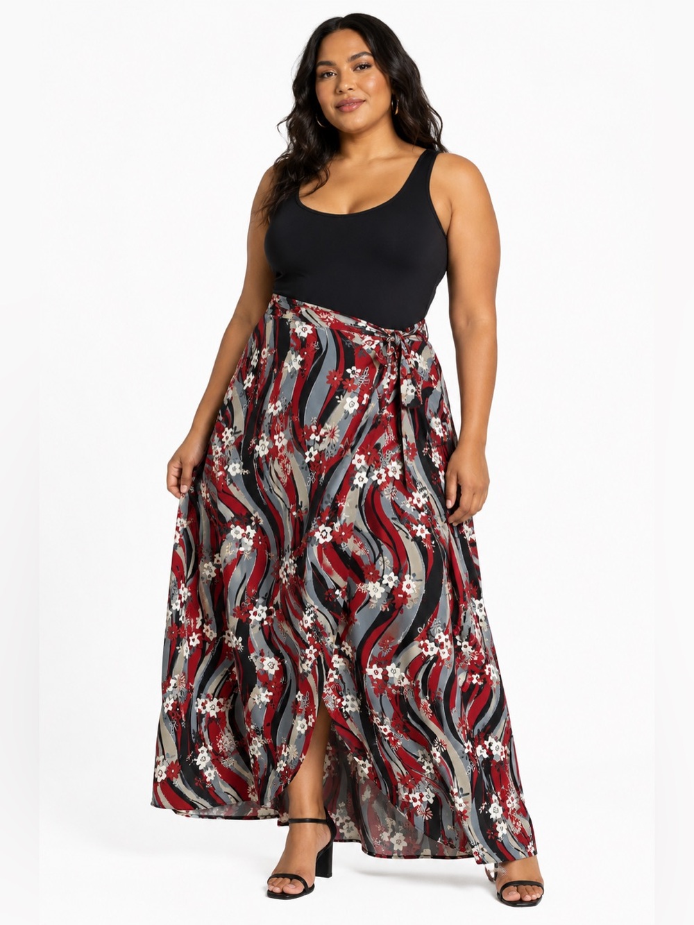 90s does 70s Vintage Mod Floral Swirl Midi-Maxi Wrap Skirt (Red/Multi) Size 12